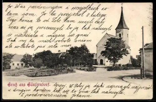 AK Gänserndorf, Strassenpartie mit Kirche