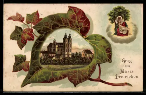 Künstler-AK Maria Dreieichen, Kirche im Laubblatt, Gnadenbild, Passepartout