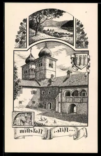 Künstler-AK Millstatt am See, Stift, Uferpartie