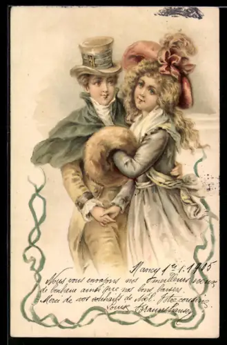 AK Elegantes Liebespaar mit Muff und Zylinder