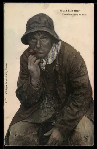 AK Älterer Fischer mit Pfeife im Portrait