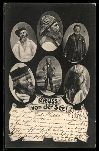 AK Verschiedene ältere Fischer, teilweise mit Pfeife und im Profil