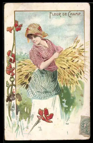 AK Frau bei der Landarbeit mit Blumen im Passepartout