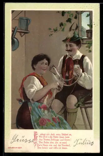 Präge-AK Liebespaar bei der Handarbeit in einem Wohnzimmer