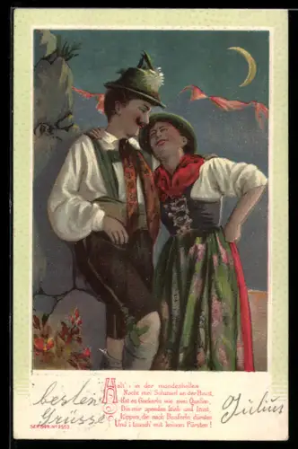 Präge-AK Liebespaar im Mondschein mit Bergpanorama