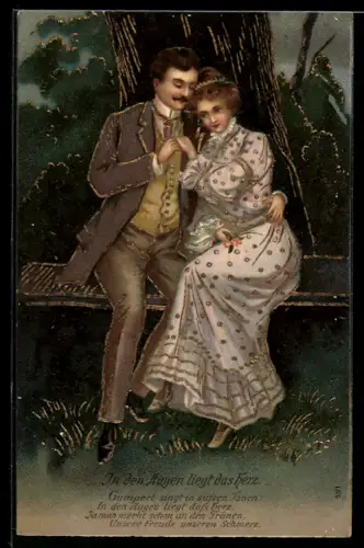 Präge-AK Liebespaar bei Nacht auf einer Bank