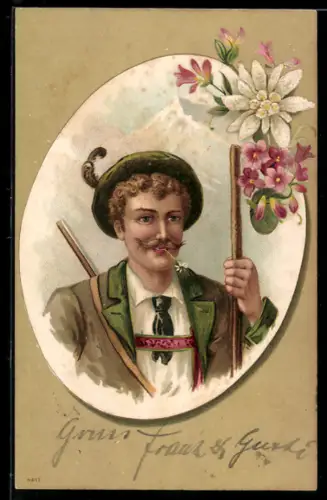 Lithographie Bayerischer Kletterer mit Edelweiss