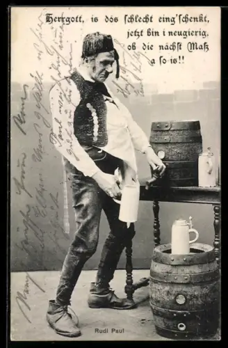 AK Betrunkener Mann steht an einem Bierfass