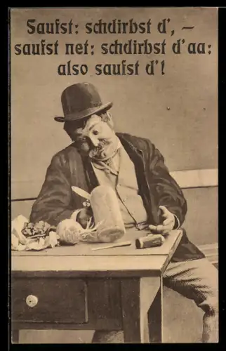 AK Betrunkener Mann sieht in seinen Deckelschoppen