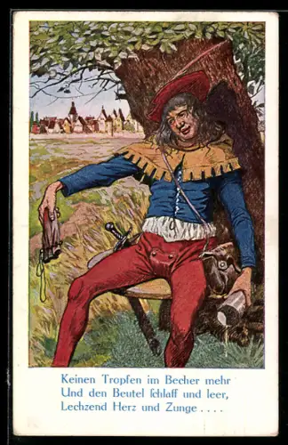 AK Trauriger Mann mit leerem Geldbeutel und leerem Bier