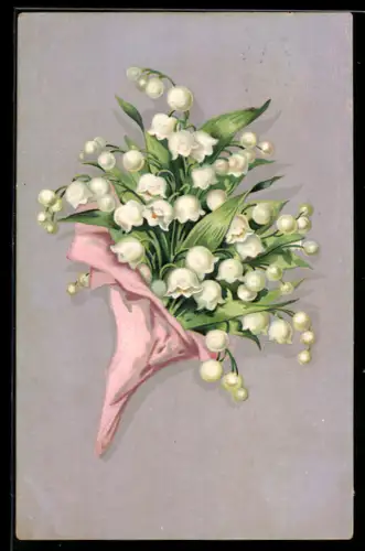 Präge-AK Ein Strauss Maiglöckchen in einer rosa Papiertüte
