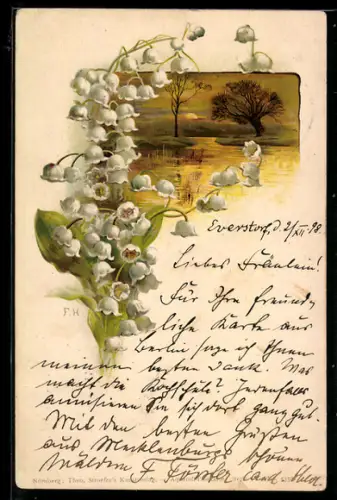 AK Maiglöckchen vor einer Landschaft im Abendrot