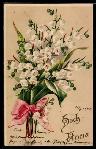 Präge-AK Rosa Schleife hält einen Strauss mit Maiglöckchen, Hoch Anna!
