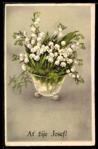 AK Maiglöckchen in einer Schale, At zije Josef!