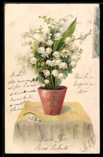 AK Topf mit Maiglöckchen steht auf einem Tisch