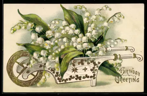 AK Maiglöckchen in weisser Schubkarre