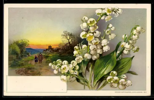 AK Spaziergänger im Abendrot, Maiglöckchen in voller Pracht