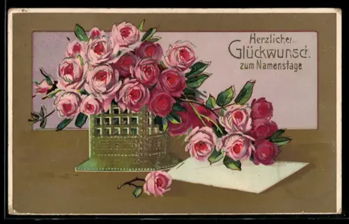 AK Strauss von Rosen in voller Blüte auf einem Gebäude