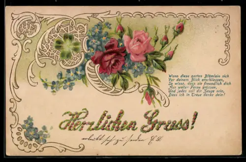 Präge-AK Rosen mit Vergissmeinnicht