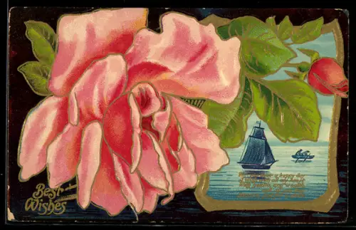 Präge-AK Rose in voller blüte mit Knospe, Segelboot und Ruderboot auf ruhiger See