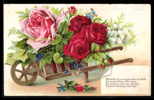 Präge-AK Karren mit Rosen in voller Blüte und Vergissmeinnicht