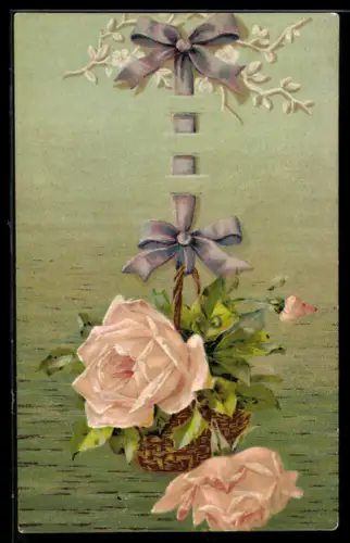 AK Rosen in einem Korb mit violetter Schleife