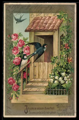 Präge-AK Rosen in voller Blüte mit Schwalben