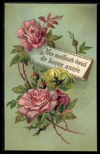 Präge-AK Rosen in voller Blüte, Neujahrsgruss