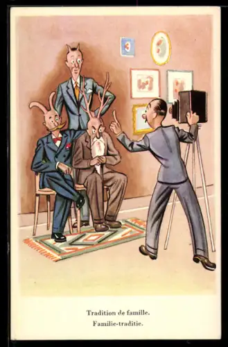 Künstler-AK Fotograf portraitiert Herren mit verschiedenen Tiergeweihen