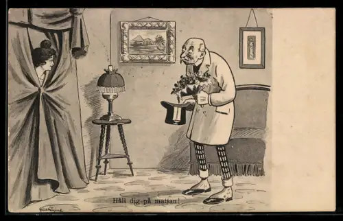 AK Älterer Herr mit Blumen für Dame, Erotik