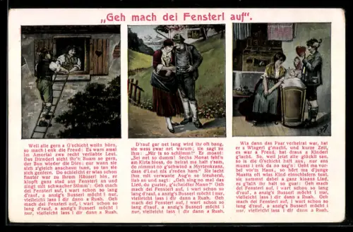 Künstler-AK Mann klettert durch das Fenster zu einer Frau, Geschichte Geh mach dei Fensterl auf