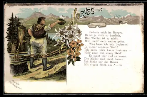 Lithographie Bergsteigerin am Brunnen, Edelweiss