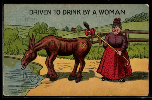 AK Frau mit einem Esel, frauenfeindlicher Humor
