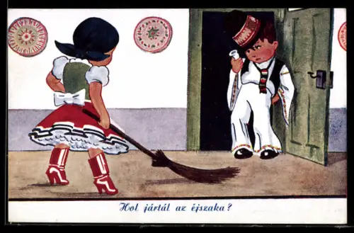 AK Frau steht mit Besen vor Mann, frauenfeindlicher Humor