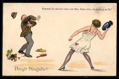 AK Frau schmeisst eine Vase auf den betrunkenen Ehemann, Neujahrsgruss