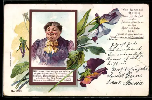 AK Ältere Frau im Kleid, Veilchen, frauenfeindlicher Humor