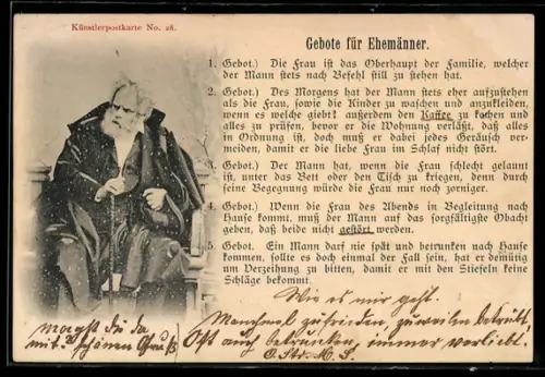 AK Gebote für Ehemänner, Älterer Herr auf Thron im Schnee, frauenfeindlicher Humor