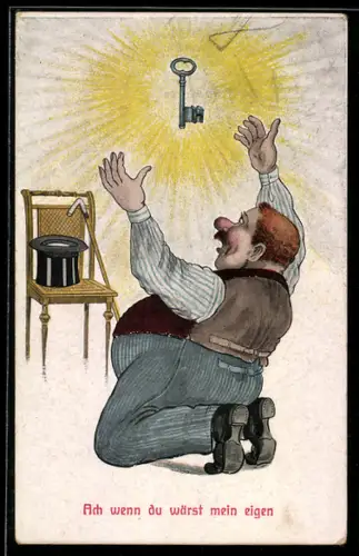 AK Mann kniet vor einem Schlüssel, frauenfeindlicher Humor