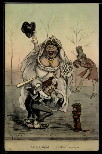 AK Dicke Braut bei Mann auf der Schulter, frauenfeindlicher Humor