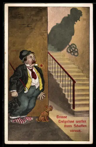 AK Mann sieht Schatten von Frau mit Teppichklopfer, frauenfeindlicher Humor