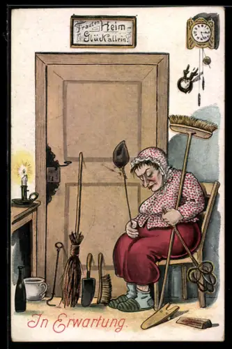 AK Frau warten mit Besen auf ihren Mann, frauenfeindlicher Humor