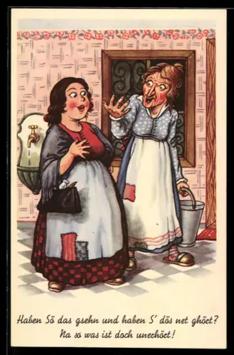 AK Junge Frau unterhält sich mit älterer Dame, frauenfeindlicher Humor