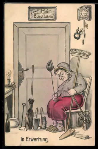 AK Frau wartet mit Besen auf ihren Mann, frauenfeindlicher Humor