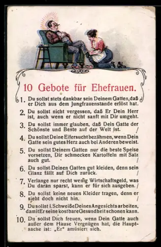 AK Zehn Gebote für Ehefrauen, Du sollst stets dankbar sein deinem Gatten..., frauenfeindlicher Humor