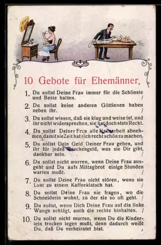 AK Zehn Gebote für Ehemänner, Du sollst Deine Frau immer für die Schönste..., frauenfeindlicher Humor