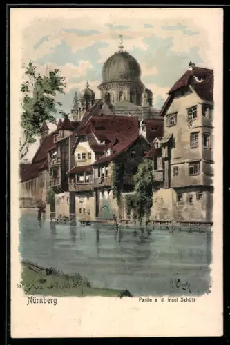 Künstler-AK Nürnberg, Partie an der Insel Schütt, Synagoge