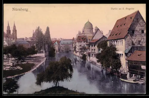 AK Nürnberg, Partie an der Pegnitz mit Synagoge