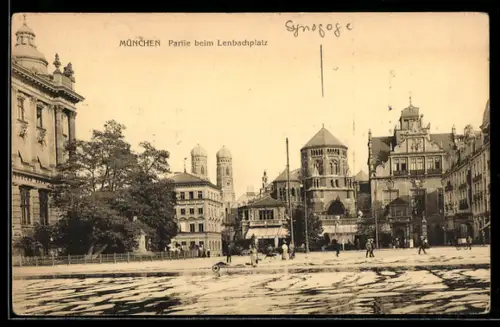 AK München, Partie am Lenbachplatz mit Synagoge
