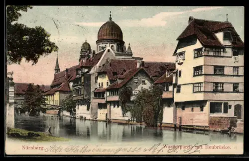 AK Nürnberg, Synagoge mit Wasserpartie und Heubrücke