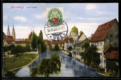 AK Nürnberg, Insel Schütt mit Blick auf die Synagoge